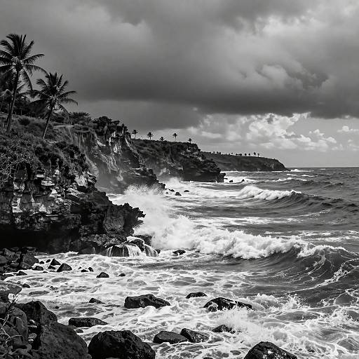 Black-and-white photograph of a rocky coastline with crashing waves, palm trees on the left, and a cloudy sky overhead.