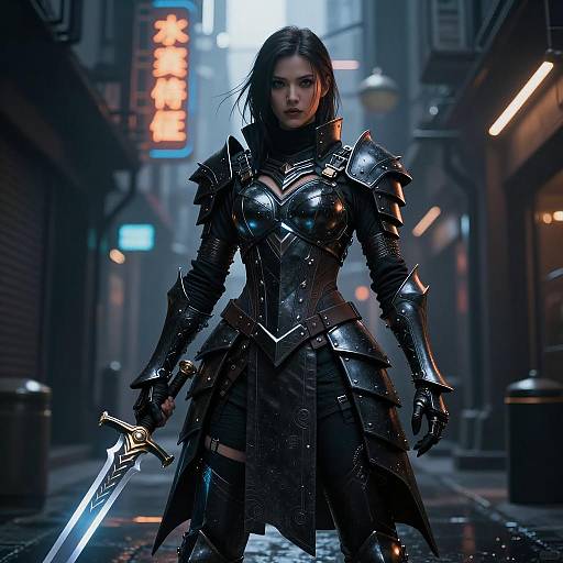 Fierce Woman Warrior in Futuristic Alley