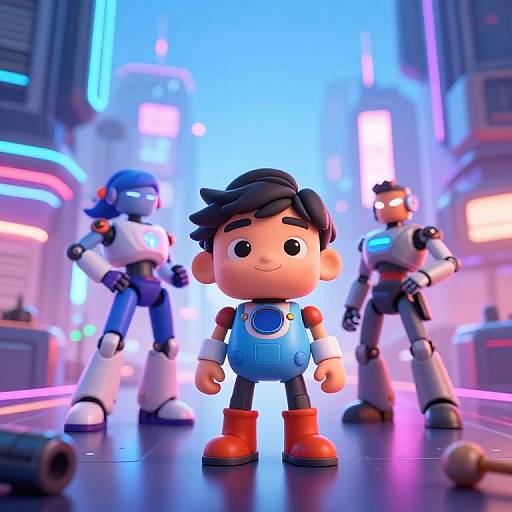 CGI image of a cute, cartoon-style boy in blue overalls and red boots, surrounded by three robotic figures in a neon-lit futuristic city