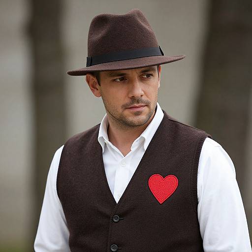 Photograph of a handsome man with brown skin, dark brown fedora, white shirt, black vest, and red heart pin, looking pensively to