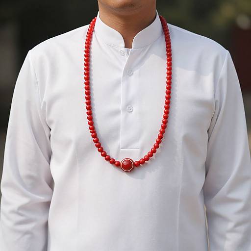 Photograph of a man wearing a white button-down shirt, red beaded necklace with a red circular pendant, blurred dark background.