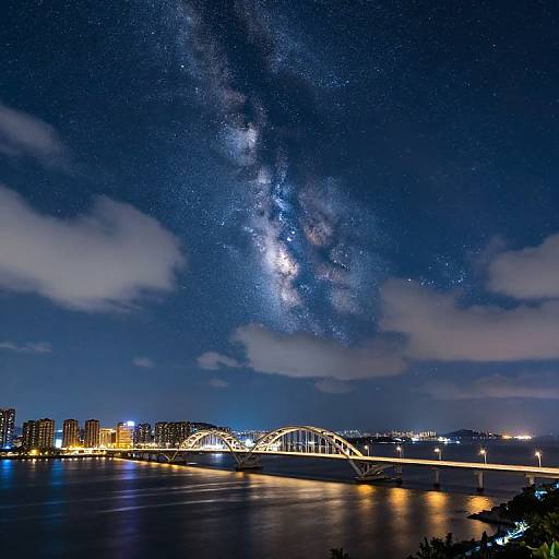Photograph of a city skyline at night, with the Milky Way visible in the star-filled sky. A brightly lit arch bridge reflects on a calm river