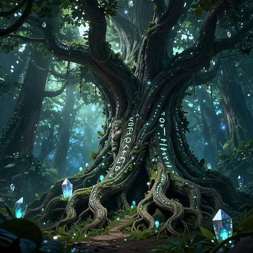 Digital artwork of a glowing, enchanted forest with a massive, twisted tree trunk adorned with luminous numbers 