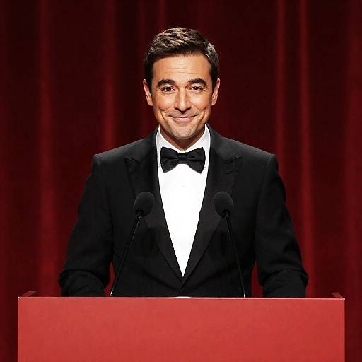 Elegant Man at Red Podium with Microphones