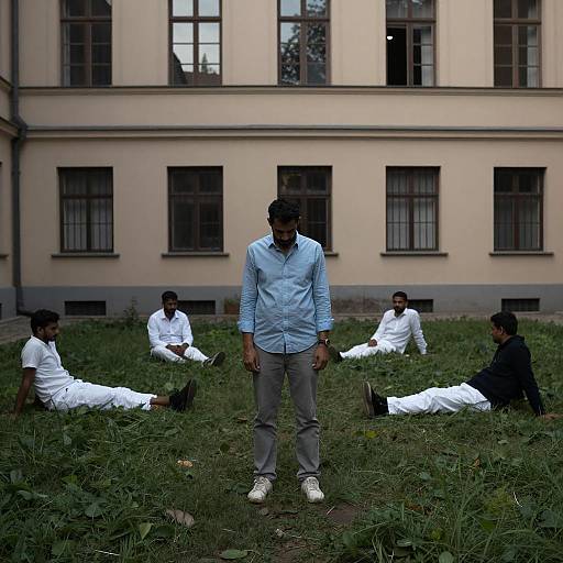 Man in Grassy Courtyard Scene