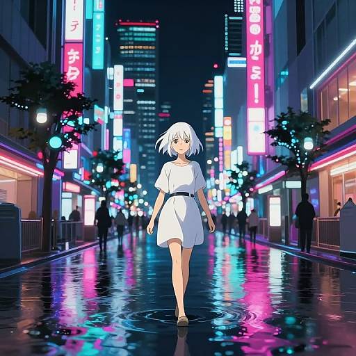 Anime-style digital illustration: White-haired girl in white dress walks alone on a neon-lit, rainy city street, reflections glowing on wet pavement.