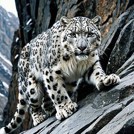 Snow Leopard Climbing Rocky Cliff