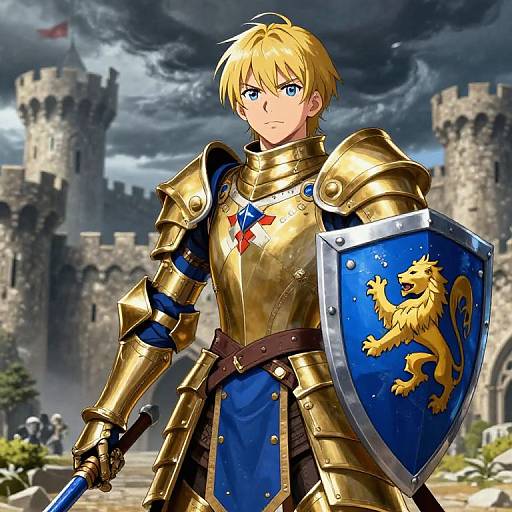 Blonde knight with blue eyes, golden armor, and lion shield stands before a castle under stormy skies in vibrant digital art.