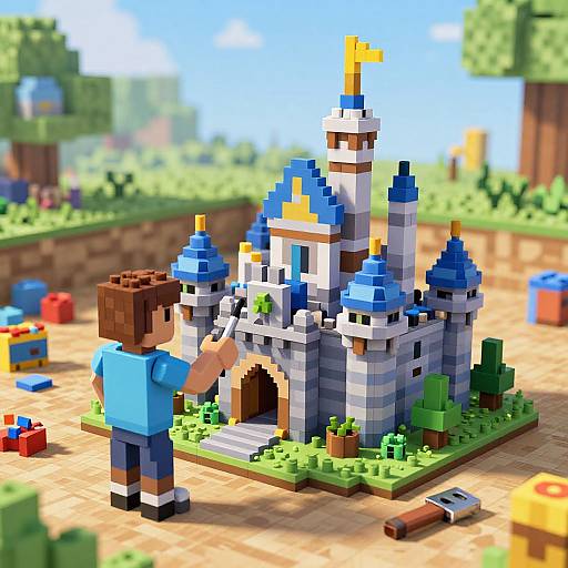 Pixel art of a boy in a blue shirt building a blue-and-white castle in a vibrant, blocky Minecraft-style playground.