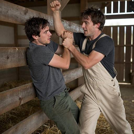 Two Men Fighting in Barn