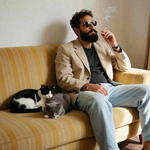 Bearded Man Smoking on Couch with Cats