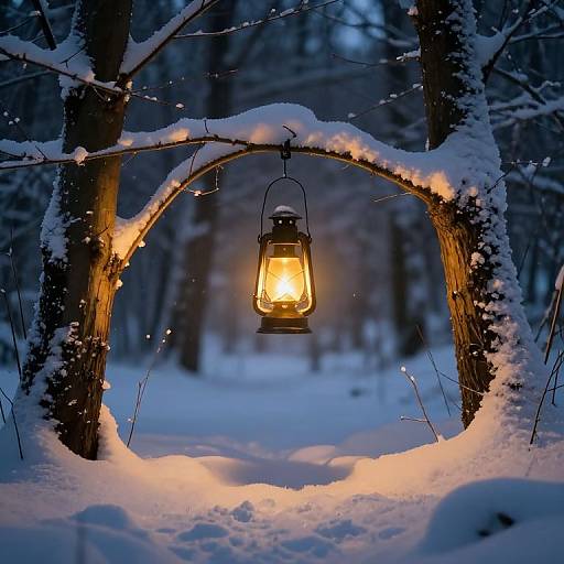 Photograph of a glowing lantern hanging on a snow-covered wooden arch in a dark, wintry forest, illuminated by soft fairy lights.