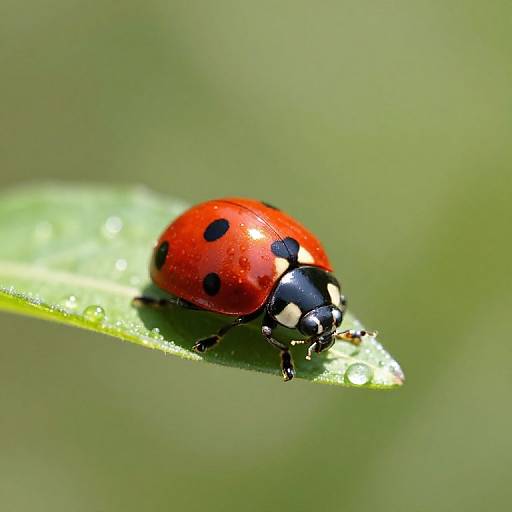 Close-up photograph of a vibrant red ladybug with black spots, white edges, and tiny black legs on a green leaf. Blurred green background.