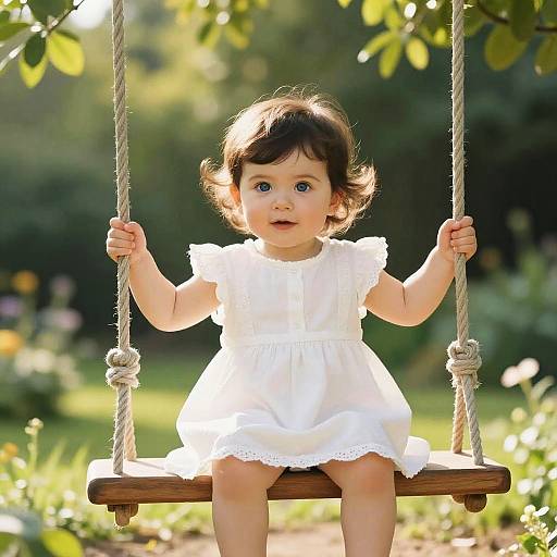 Photograph of a cute, fair-skinned toddler with dark brown hair, wearing a white, lace-trimmed dress, sitting on a wooden swing