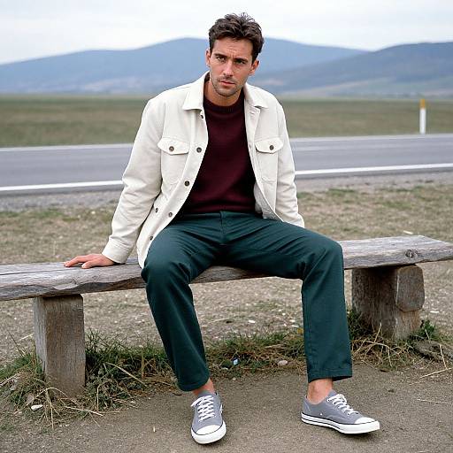 Photograph of a young man with short dark hair, wearing a white jacket, black shirt, dark pants, and gray sneakers, sitting on a wooden