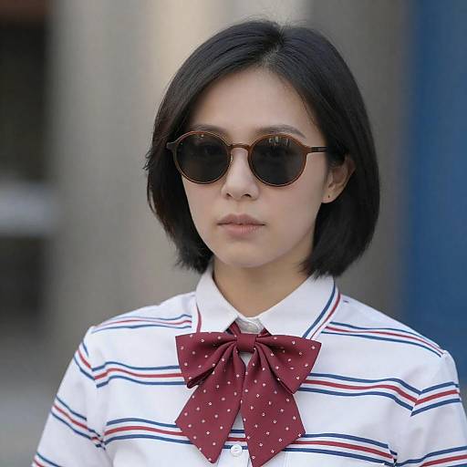 Asian Woman Wearing Sunglasses and Striped Shirt