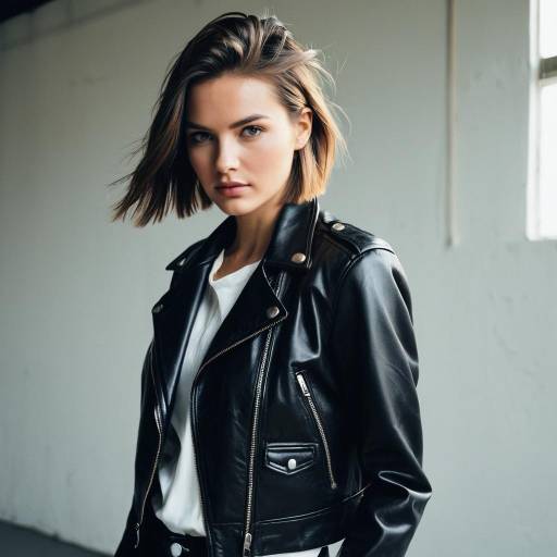 Young Woman with Short Layers Hairstyle and Leather Jacket