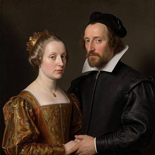 Renaissance portrait of a pale-skinned woman with brown hair in an ornate gold dress, and a bearded man in black with a white