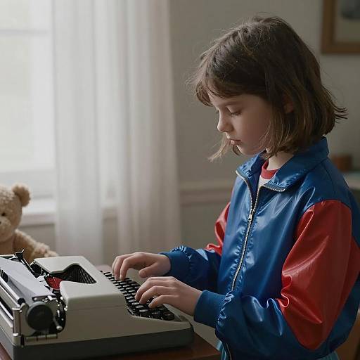 Young Girl Typing on Vintage Typewriter