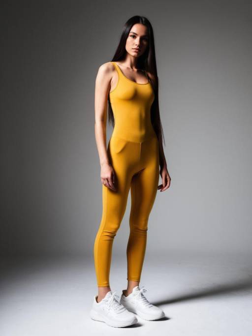 Woman in Mustard Yellow Unitard and White Sneakers