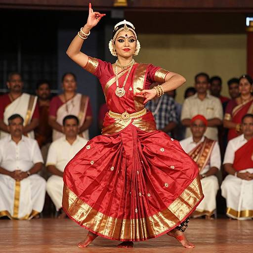 Photograph of a traditional Indian dance performance: a woman in a red and gold sari, white jewelry, and intricate makeup, posing confidently on stage