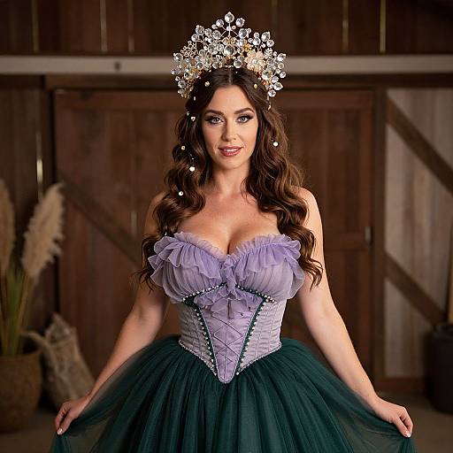 Photograph of a smiling, fair-skinned woman with long, wavy brown hair, wearing a sparkling tiara, lavender off-shoulder ball