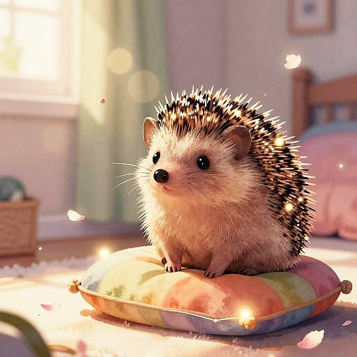 Photograph of an adorable hedgehog with spiky quills, sitting on a colorful pillow in a sunlit, cozy bedroom.