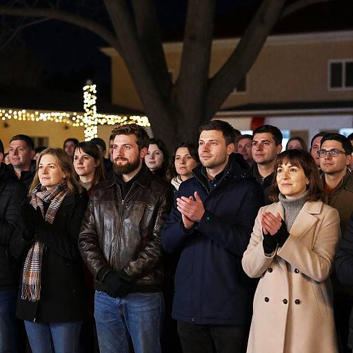 Winter Night Crowd By Decorated Tree