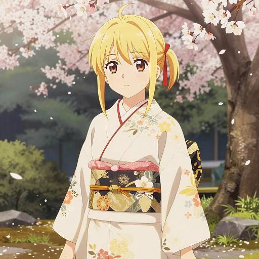 Anime Girl in Kimono with Cherry Blossoms