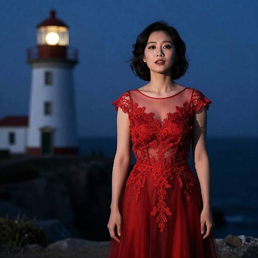 Moonlit Lighthouse Opera Singer in Red