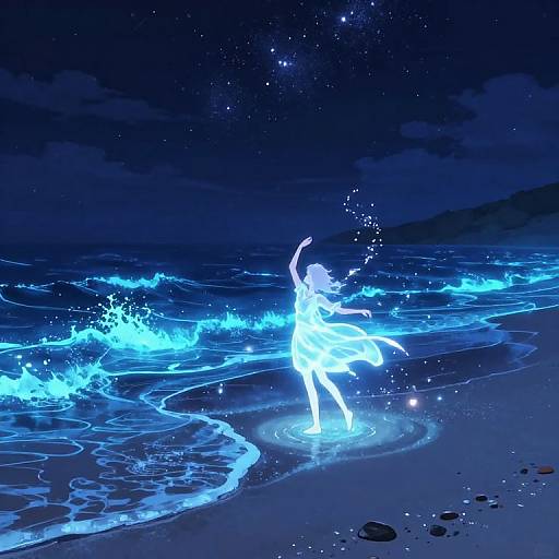 Digital anime-style artwork of a glowing blue silhouette dancing on a moonlit beach with bioluminescent waves and starry night sky.