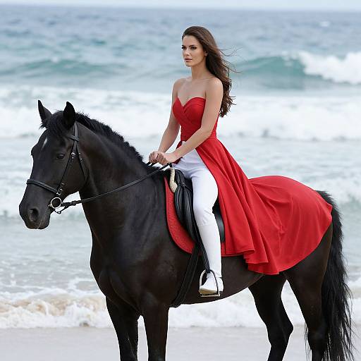 Photograph of a brunette woman in a strapless red dress and white pants riding a black horse on a sandy beach with waves in the background.