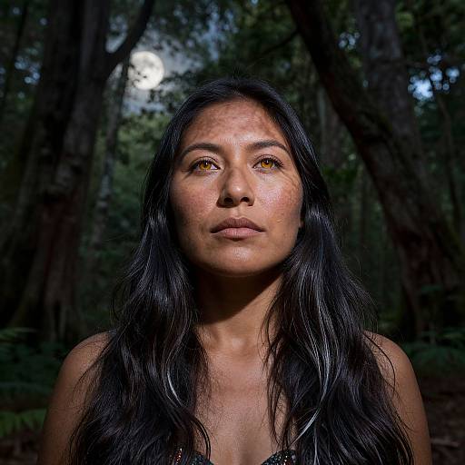 Photograph of a serious-faced Asian woman with long black hair, amber eyes, and tan skin, standing in a dark forest. Moonlight filters through