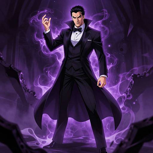 Digital anime-style drawing of a muscular man in a black tuxedo with a flowing coat, glowing purple energy, and dark hair, standing confidently in