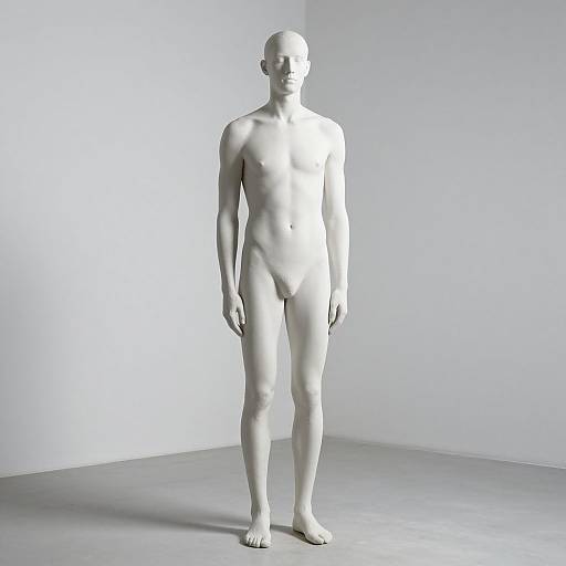 White, featureless CGI 3D human figure standing in a minimalist, gray-walled room, with a neutral expression and no visible genitals.