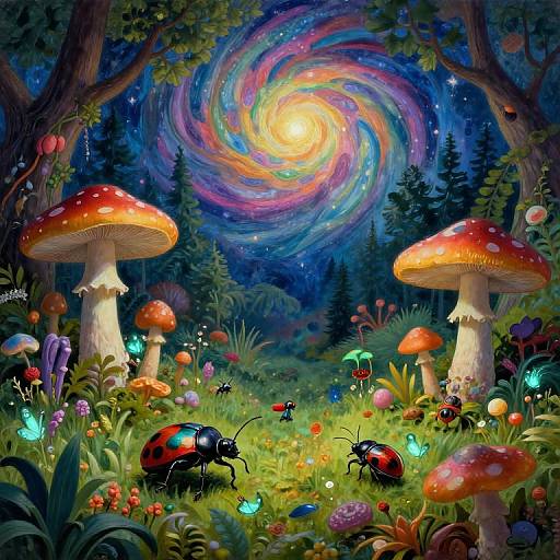 Vibrant digital painting of a magical forest with glowing mushrooms, colorful butterflies, beetles, and a swirling, starry galaxy sky.