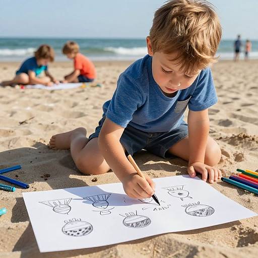 Photograph of a young boy with light brown hair, wearing a blue shirt and shorts, drawing on a white paper at a sandy beach with colorful cray