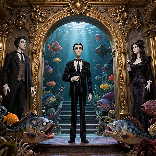 Photorealistic digital artwork: Victorian man in black pinstripes, center, flanked by pale, gothic man and woman, surrounded by