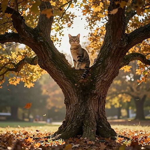 Photograph of a striped tabby cat perched on a large, textured tree trunk in a sunlit autumn park with golden leaves.
