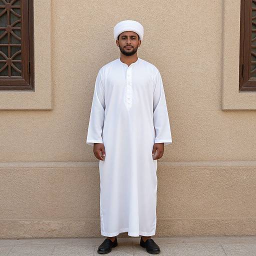 Photograph of a bearded Middle Eastern man in white traditional thobe and headscarf, standing against a beige textured wall, with black shoes.