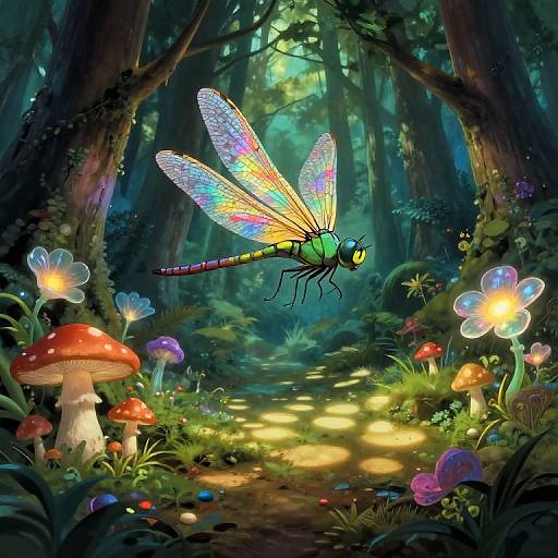 Digital fantasy artwork of a colorful, iridescent dragonfly with glowing wings flying over a mystical forest path with glowing mushrooms and fairy lights.