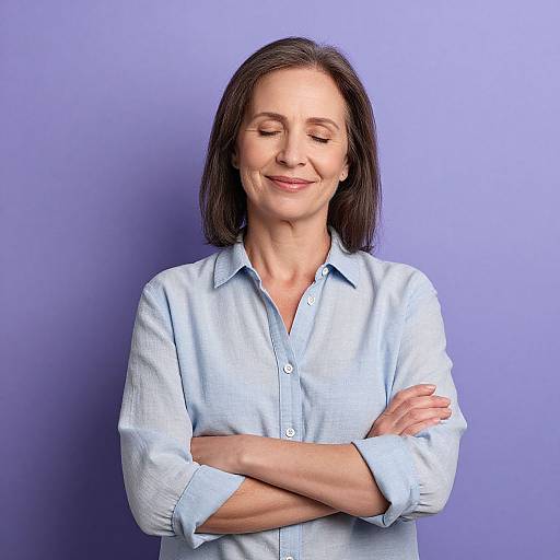 Photograph of a smiling middle-aged woman with fair skin and straight brown hair, wearing a light blue button-up shirt, arms crossed, against a solid