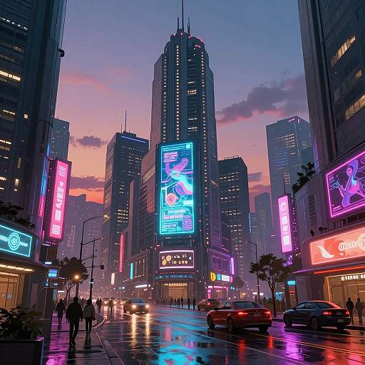 Neon-lit, futuristic city street at dusk with towering skyscrapers, glowing billboards, reflective wet pavement, and bustling cars and pedestrians.