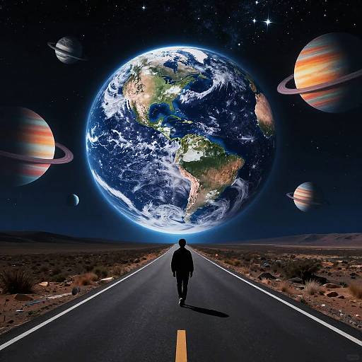 Photograph-like digital artwork: Silhouetted person walks down empty road toward enormous, detailed Earth with colorful planets in starry sky.