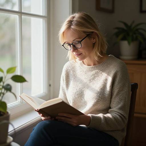 Blonde woman with glasses, wearing a beige sweater, reads a book in sunlight by a window, surrounded by potted plants.