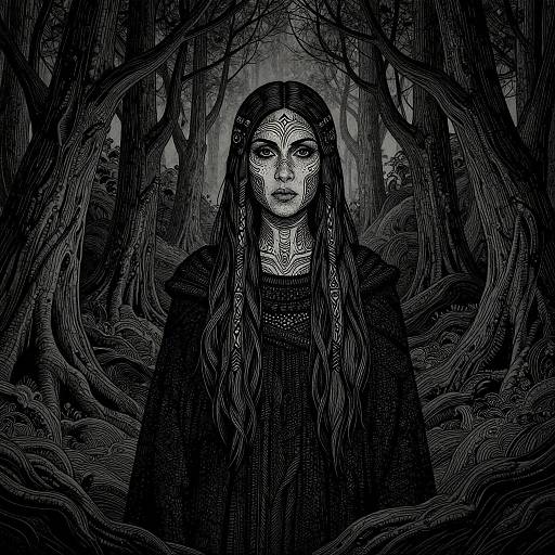 Intricate black-and-white digital drawing of a mysterious woman with long, straight hair, wearing a dark cloak, standing in a dense, twisted forest
