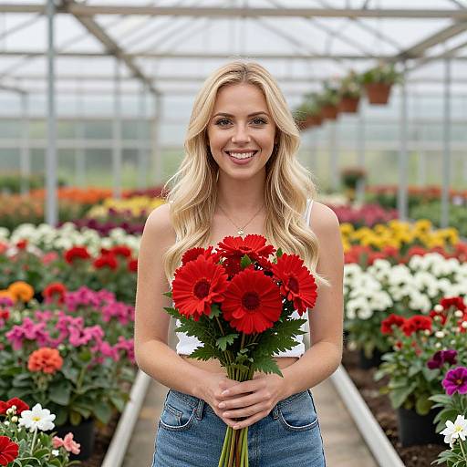 Blonde woman with long hair, wearing white tank top and blue jeans, smiles holding vibrant red gerbera daisies in greenhouse filled with colorful