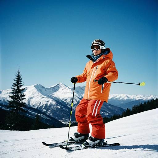 Male Skier in Orange Winter Outfit on Mountain