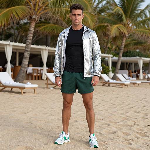 Photograph of a muscular, tan-skinned man with short brown hair, wearing a silver jacket, black shirt, green shorts, and white sneakers,