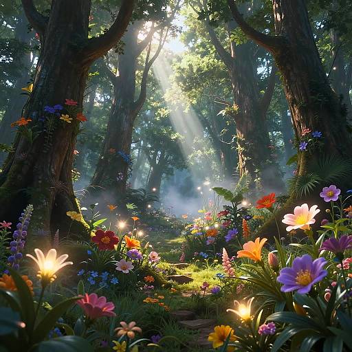 Enchanted Lush Forest with Glowing Flowers